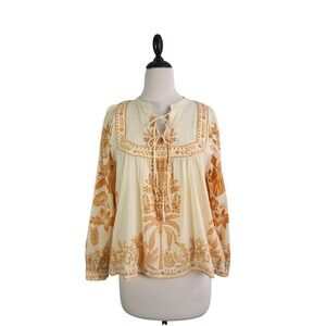 Calypso St Barth Gauzy Cotton Tropical Peasant Blouse Orange Cream Tie Neck L